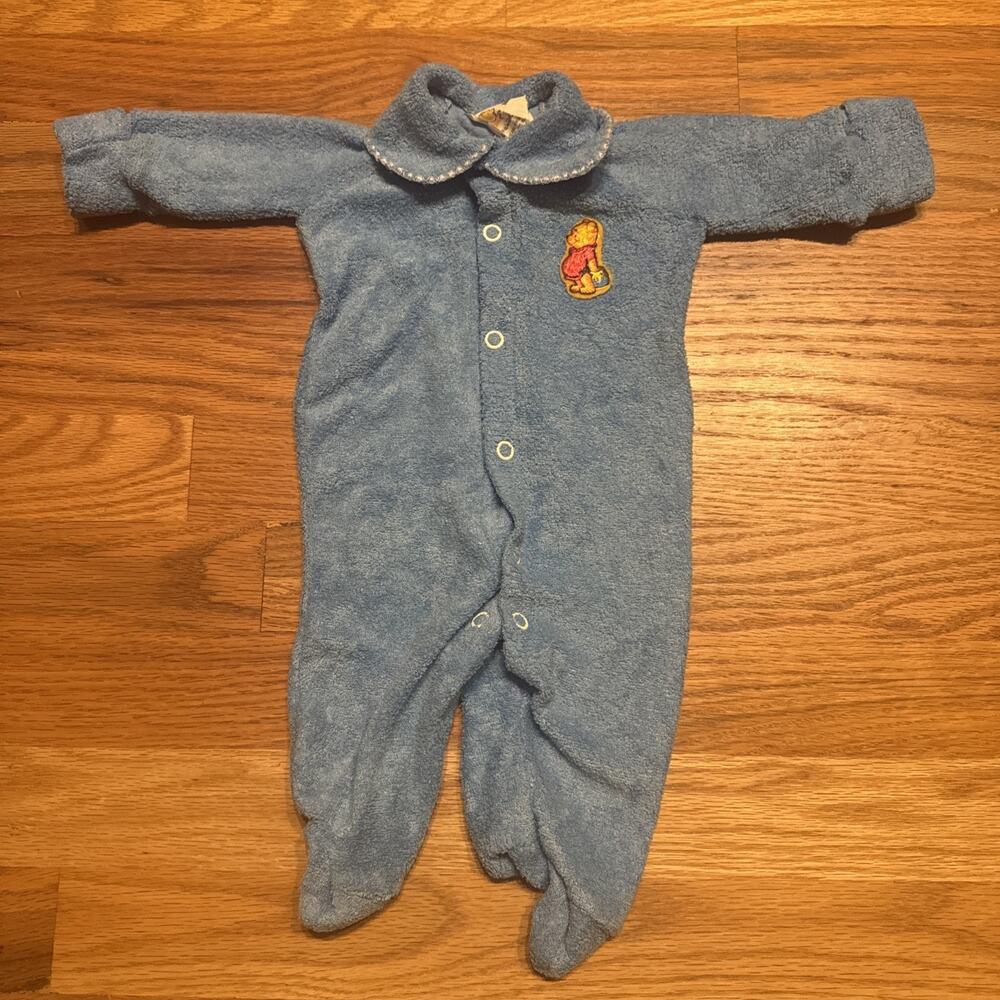 Vintage Winnie The Pooh Newborn Footed Sleeper Blue Terry Cloth Embroidered
